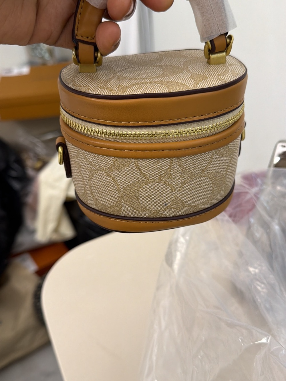 Beige and Tan Mini Round Vanity Crossbody Bag